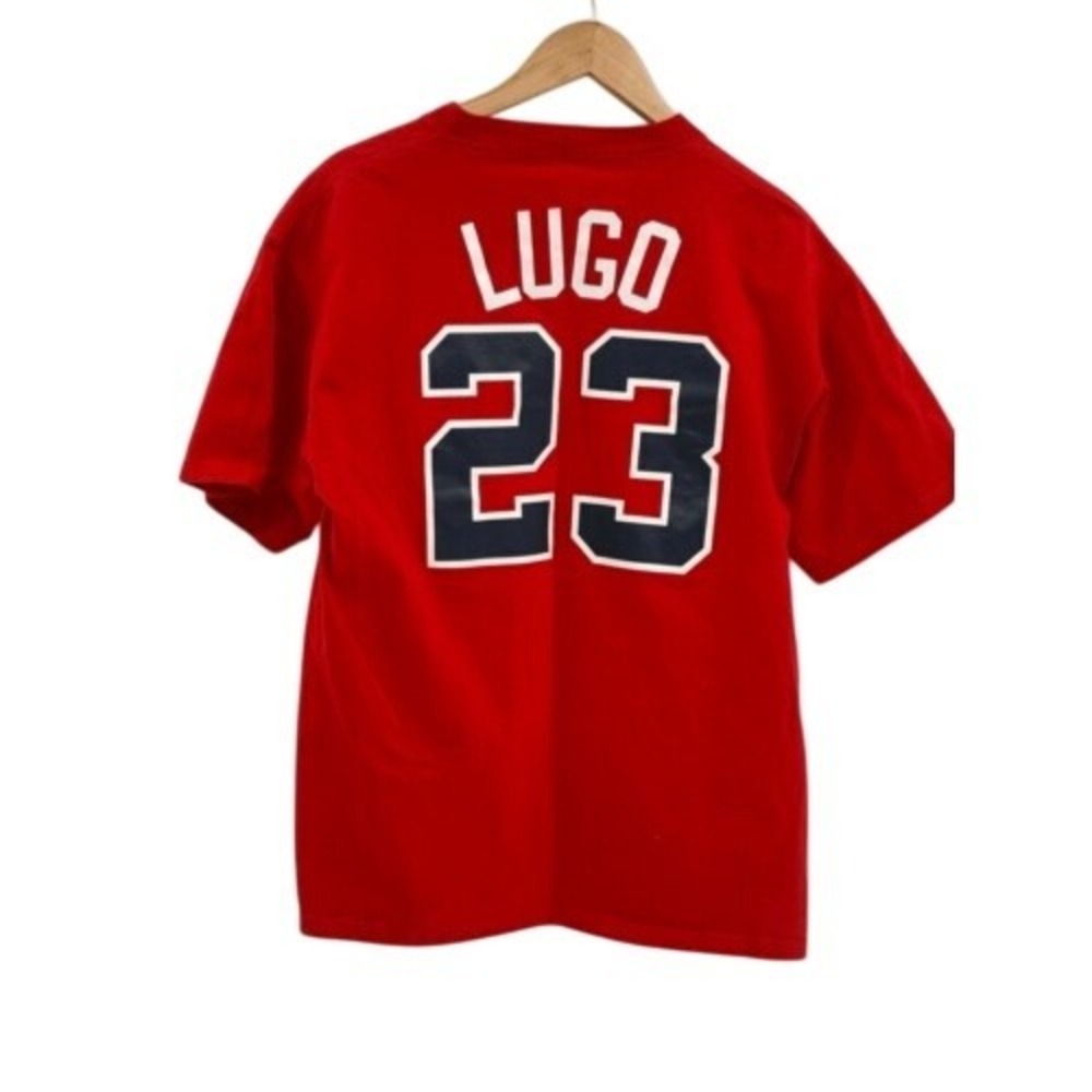 Majestic Boston Red Sox T Shirt Julio Lugo Men Size Large‎ Red Blue Short Sleeve